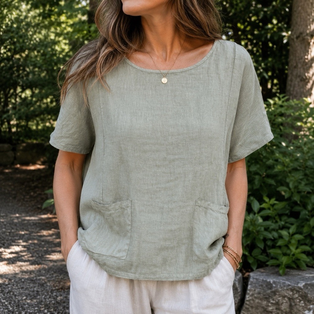 Sage Green Short Sleeve Tunic Top with Front Pockets